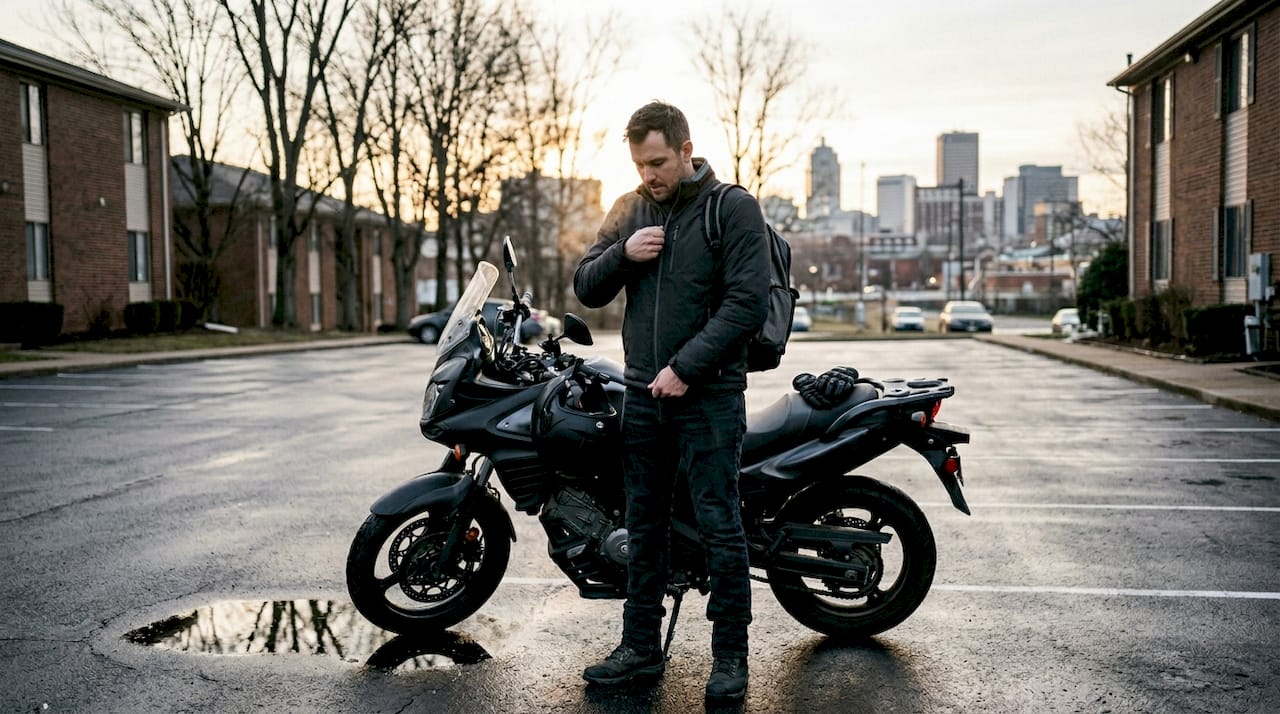 Motorcycle rider zipping insulated jacket in morning