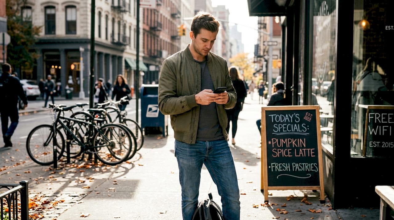 Man wearing bomber jacket in city café setting