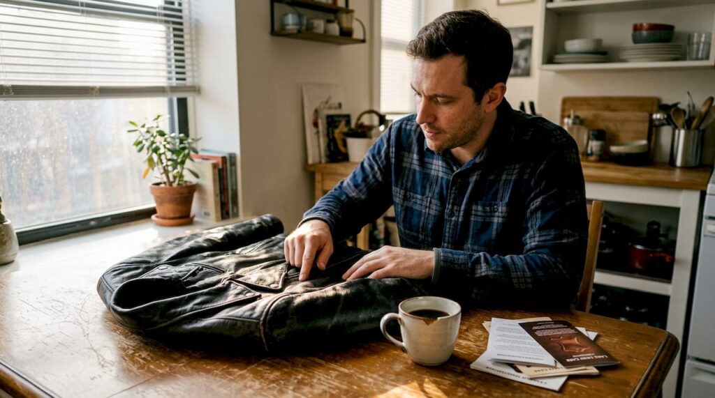 Man inspecting jacket on kitchen table