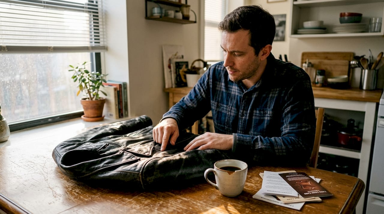 Man inspecting jacket on kitchen table
