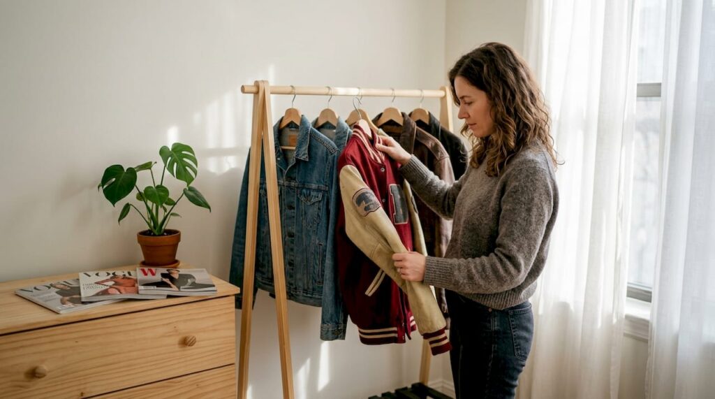 Woman choosing jackets from home wardrobe