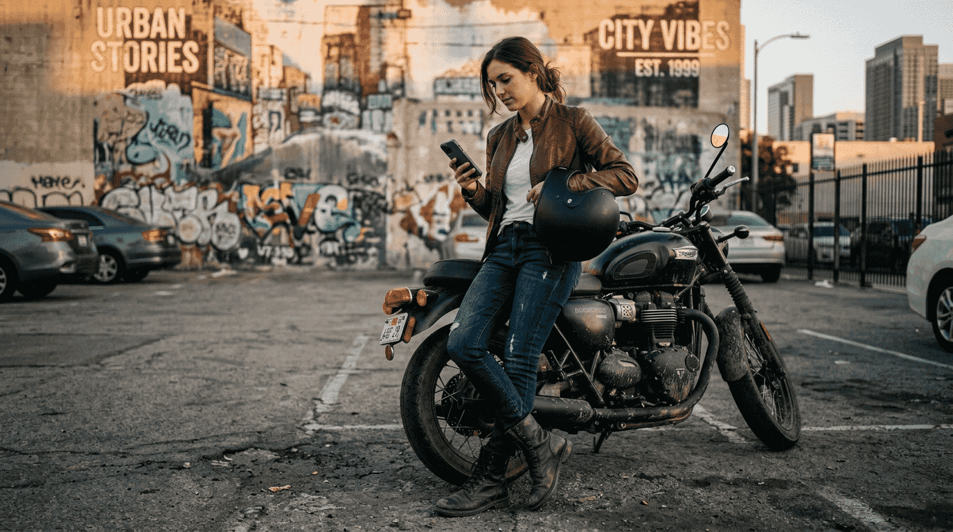 Woman in PU leather jacket by motorcycle