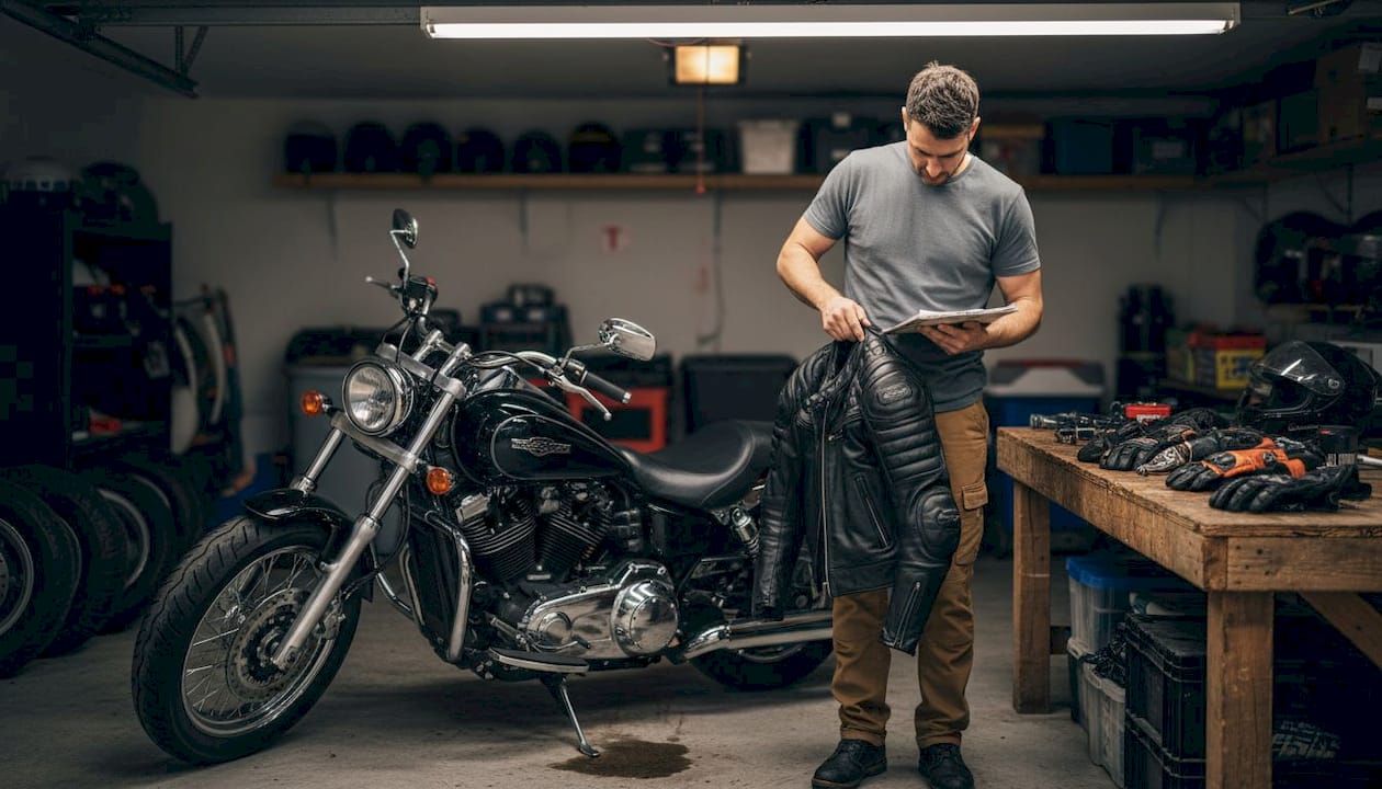 Motorcyclist reviews custom jacket in garage