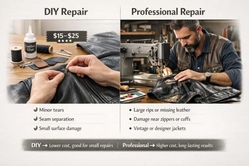 nfographic comparing DIY leather jacket repair vs professional repair