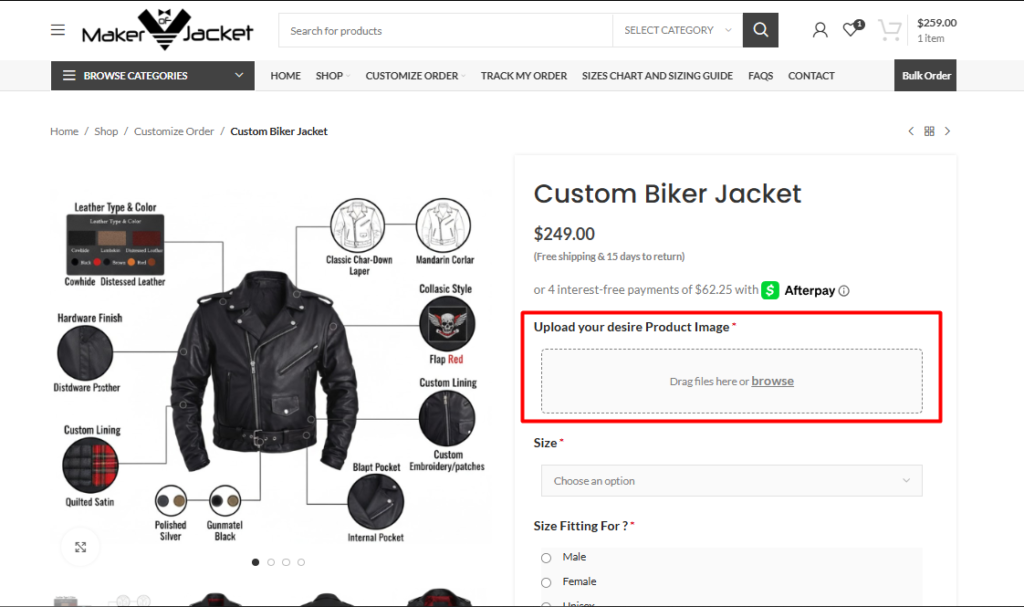 Custom jacket order page with option to upload reference image