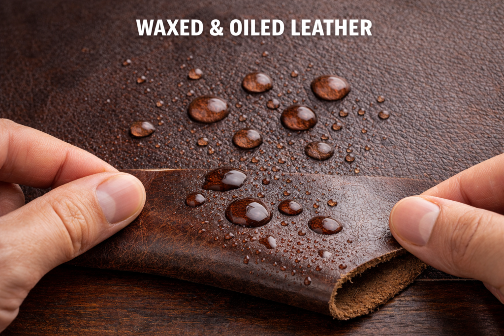 Waxed leather with water droplets