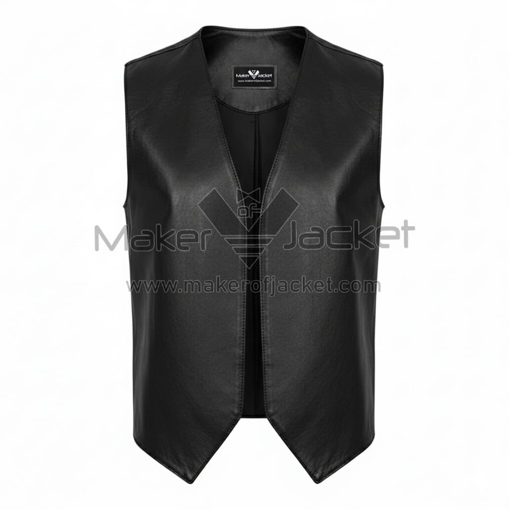Aladdin-Superhero-Cosplay-Black-Leather-Vest-1 Aladdin Superhero Cosplay Black Leather Vest front view with V-neck collar and front open style inspired by Aladdin