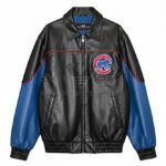 Black blue Chicago Cubs leather jacket front view with logo on left chest, shirt collar, and zipper closure.