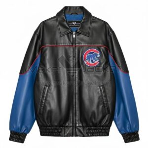 Black blue Chicago Cubs leather jacket front view with logo on left chest, shirt collar, and zipper closure.