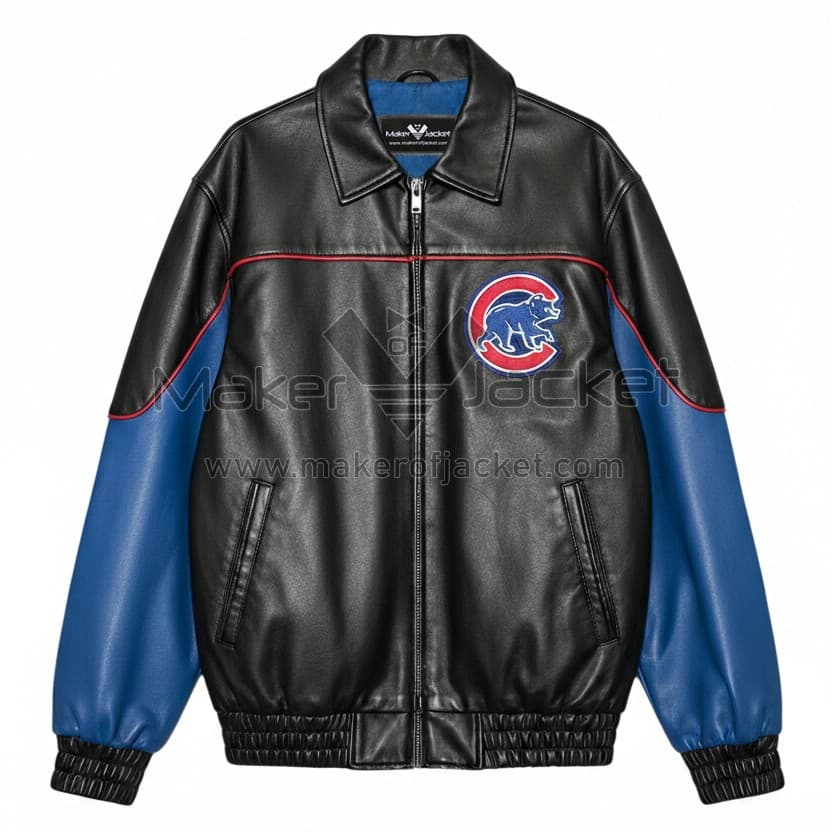 Black-Blue-Chicago-Cubs-Team-Leather-Jacket-1 Black blue Chicago Cubs leather jacket front view with logo on left chest, shirt collar, and zipper closure.