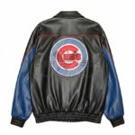 Black blue Chicago Cubs leather jacket back view with large team logo and bold sporty design.