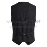 back view of Black Button Front Western Cotton Vest with a pointed yoke, vertical seams, and an adjustable cinch strap at the lower back.