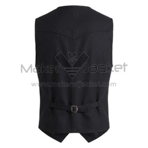 back view of Black Button Front Western Cotton Vest with a pointed yoke, vertical seams, and an adjustable cinch strap at the lower back.