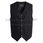 front view of Black Button Front Western Cotton Vest featuring a V-neckline, five brass buttons, a chest welt pocket, and two front velt pockets with Maker of Jacket brand label