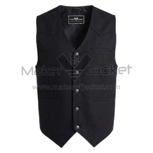 front view of Black Button Front Western Cotton Vest featuring a V-neckline, five brass buttons, a chest welt pocket, and two front velt pockets with Maker of Jacket brand label