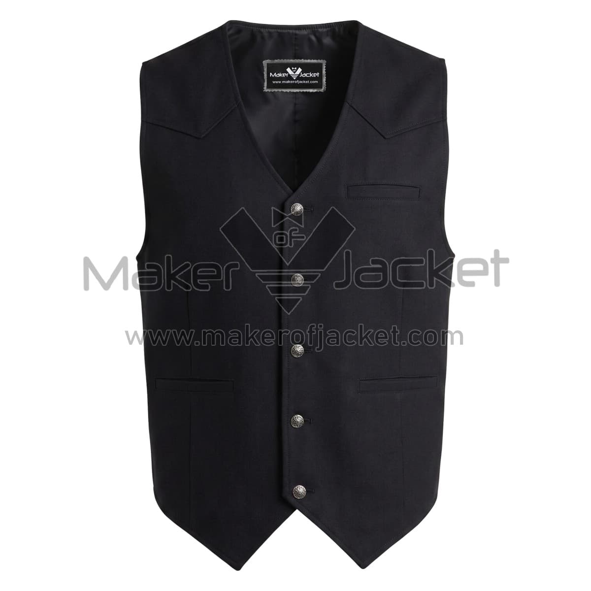 Black Button Front Western Cotton Vest Front front view of Black Button Front Western Cotton Vest featuring a V-neckline, five brass buttons, a chest welt pocket, and two front velt pockets with Maker of Jacket brand label