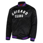 Black Chicago Cubs Raglan Satin Jacket front view with snap buttons, rib-knit trims, side pockets, and “CHICAGO CUBS” lettering.