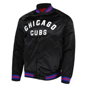 Black Chicago Cubs Raglan Satin Jacket front view with snap buttons, rib-knit trims, side pockets, and “CHICAGO CUBS” lettering.