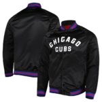 Front and back of Black Chicago Cubs Raglan Satin Jacket in black satin with snap closure, rib-knit trims, side pockets, and “CHICAGO CUBS” lettering.