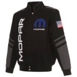 Black and gray Mopar embroidered bomber jacket front view with stand-up collar, snap button closure, Mopar logo on left chest, and dual side waist pockets
