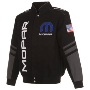 Black and gray Mopar embroidered bomber jacket front view with stand-up collar, snap button closure, Mopar logo on left chest, and dual side waist pockets