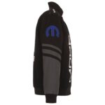 Black and gray Mopar bomber jacket right side view with Mopar logo on sleeve and MOPAR text detailing on shoulder and side
