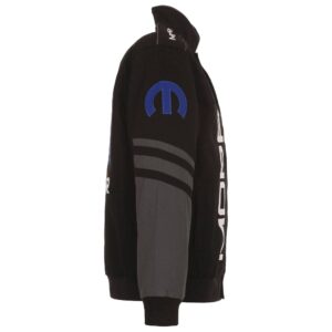 Black and gray Mopar bomber jacket right side view with Mopar logo on sleeve and MOPAR text detailing on shoulder and side