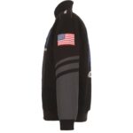 Black and gray Mopar bomber jacket left side view featuring American flag patch on sleeve and MOPAR lettering on shoulder