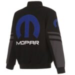 Black and gray Mopar embroidered bomber jacket back view with large MOPAR logo and lettering across the back shoulders