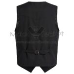 The back of Black Highlands Western Cotton Vest featuring a pointed yoke, vertical seams, and an adjustable cinch strap with a silver buckle at the waist.