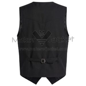 The back of Black Highlands Western Cotton Vest featuring a pointed yoke, vertical seams, and an adjustable cinch strap with a silver buckle at the waist.