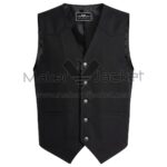 Front view of Black Highlands Western Cotton Vest with silver buttons, V-neckline, pointed front hem, and subtle yoke stitching on the shoulders with Maker Of Jacket brand label