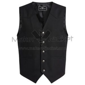 Front view of Black Highlands Western Cotton Vest with silver buttons, V-neckline, pointed front hem, and subtle yoke stitching on the shoulders with Maker Of Jacket brand label