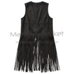 back view of black long fringe suede leather vest featuring a vertical center seam and a decorative braided horizontal seam across the mid-back.