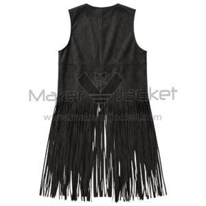 back view of black long fringe suede leather vest featuring a vertical center seam and a decorative braided horizontal seam across the mid-back.