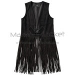 front view of a black long fringe suede leather vest with an open front and long fringe hanging from the waist with a "Maker of Jacket" brand label.