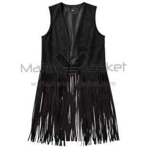 front view of a black long fringe suede leather vest with an open front and long fringe hanging from the waist with a "Maker of Jacket" brand label.