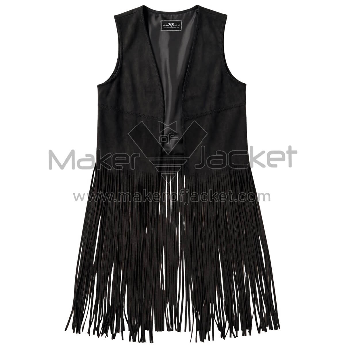 Black Long Fringe Suede Leather Vest Front front view of a black long fringe suede leather vest with an open front and long fringe hanging from the waist with a "Maker of Jacket" brand label.