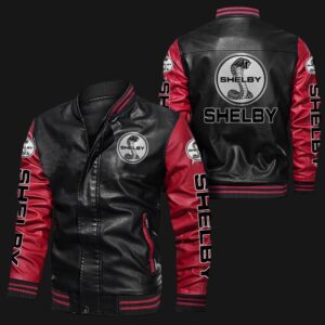 Black and Red Shelby bomber leather jacket front and back view with bold Shelby logos on chest, sleeves, arms, and back, rib-knit collar cuffs waistband and zip closure