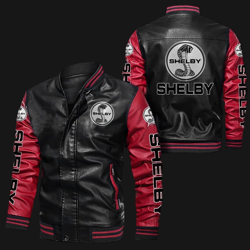 Black-Red-Shelby-Bomber-Leather-Jacket-1 Black and Red Shelby bomber leather jacket front and back view with bold Shelby logos on chest, sleeves, arms, and back, rib-knit collar cuffs waistband and zip closure