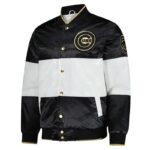 Black White Chicago Cubs Full-Snap Satin Jacket front view with ribbed collar, cuffs, waistband, side pockets, and Chicago Cubs logo on left chest.