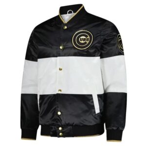 Black White Chicago Cubs Full-Snap Satin Jacket front view with ribbed collar, cuffs, waistband, side pockets, and Chicago Cubs logo on left chest.