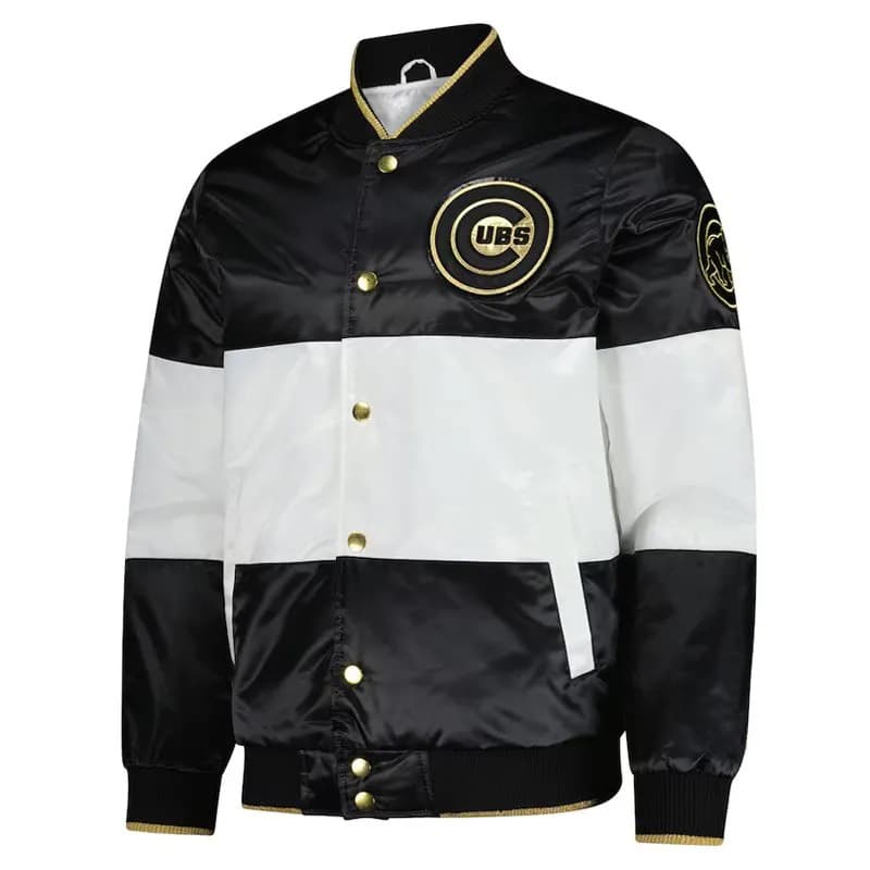 Black-White-Chicago-Cubs-Full-Snap-Satin-Jacket-1 Black White Chicago Cubs Full-Snap Satin Jacket front view with ribbed collar, cuffs, waistband, side pockets, and Chicago Cubs logo on left chest.