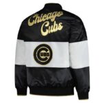Black White Chicago Cubs Full-Snap Satin Jacket back view showing CHICAGO CUBS BASEBALL lettering with Cubs logo.