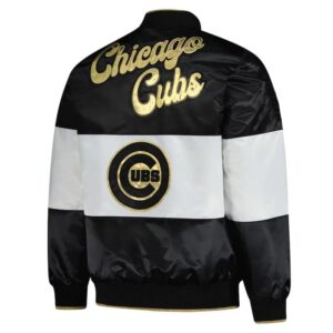 Black White Chicago Cubs Full-Snap Satin Jacket back view showing CHICAGO CUBS BASEBALL lettering with Cubs logo.