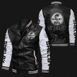 Black and white Shelby bomber leather jacket front and back view with bold Shelby logos on chest, sleeves, arms, and back, rib-knit collar cuffs waistband and zip closure