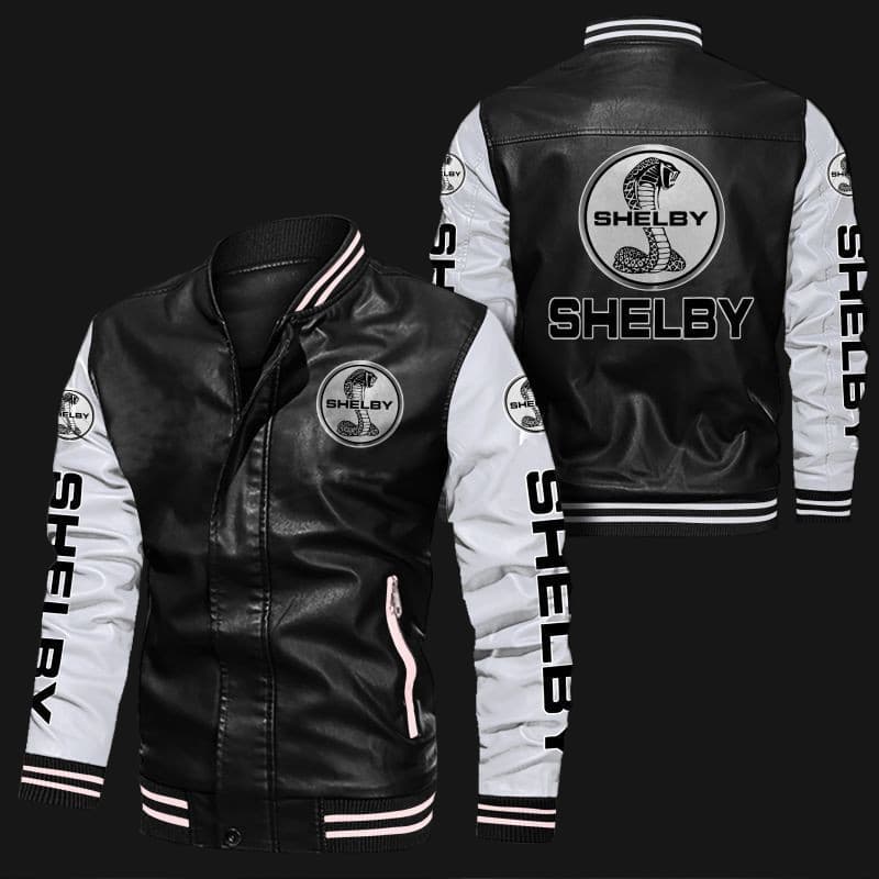 Black-White-Shelby-Bomber-Leather-Jacket-1 Black and white Shelby bomber leather jacket front and back view with bold Shelby logos on chest, sleeves, arms, and back, rib-knit collar cuffs waistband and zip closure