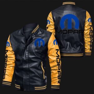 Black and yellow Mopar bomber leather jacket front and back view with logo on chest, sleeves, arms, and bold Mopar branding on back.