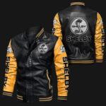 Black and yellow Shelby bomber leather jacket front and back view with bold Shelby logos on chest, sleeves, arms, and back, rib-knit collar cuffs waistband and zip closure