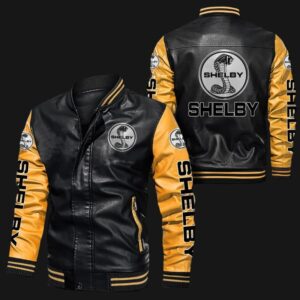 Black and yellow Shelby bomber leather jacket front and back view with bold Shelby logos on chest, sleeves, arms, and back, rib-knit collar cuffs waistband and zip closure